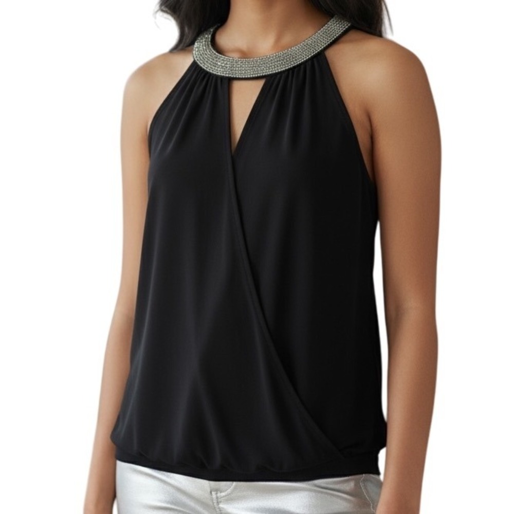 WHITE HOUSE BLACK‎ MARKET Stunning Black Faux Wrap Top Silver Neckline EUC Small